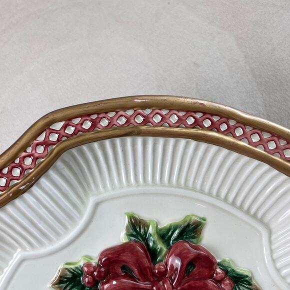 Fitz and Floyd Holiday Bells Canape Snack Cookie Plate Christmas 8 3/4" Gold Red - Picture 7 of 11